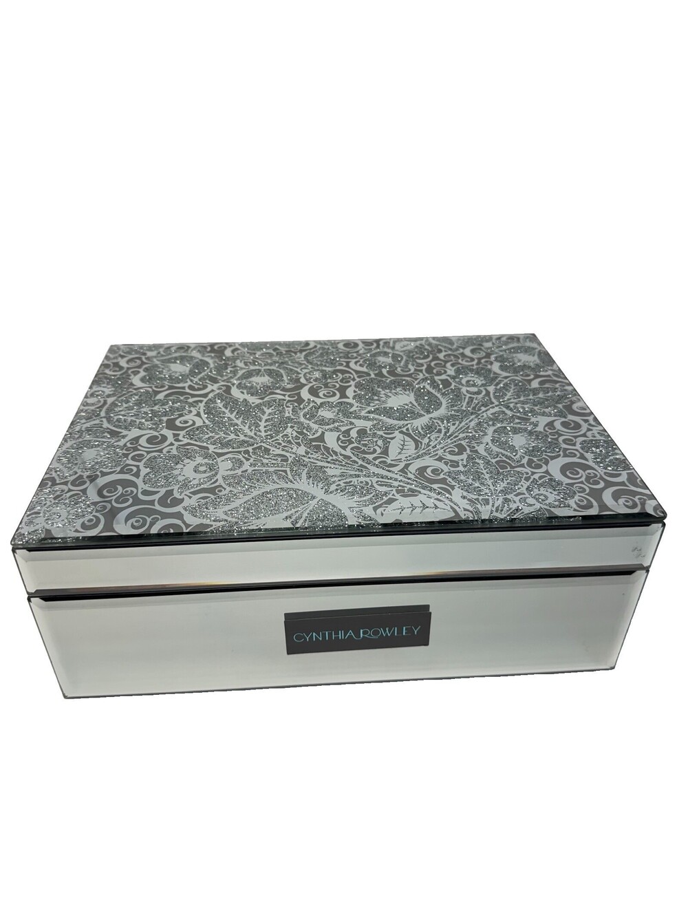 Cynthia Rowley Mirrored Glass Jewelry Box Floral Glitter Velvet Lined Silver